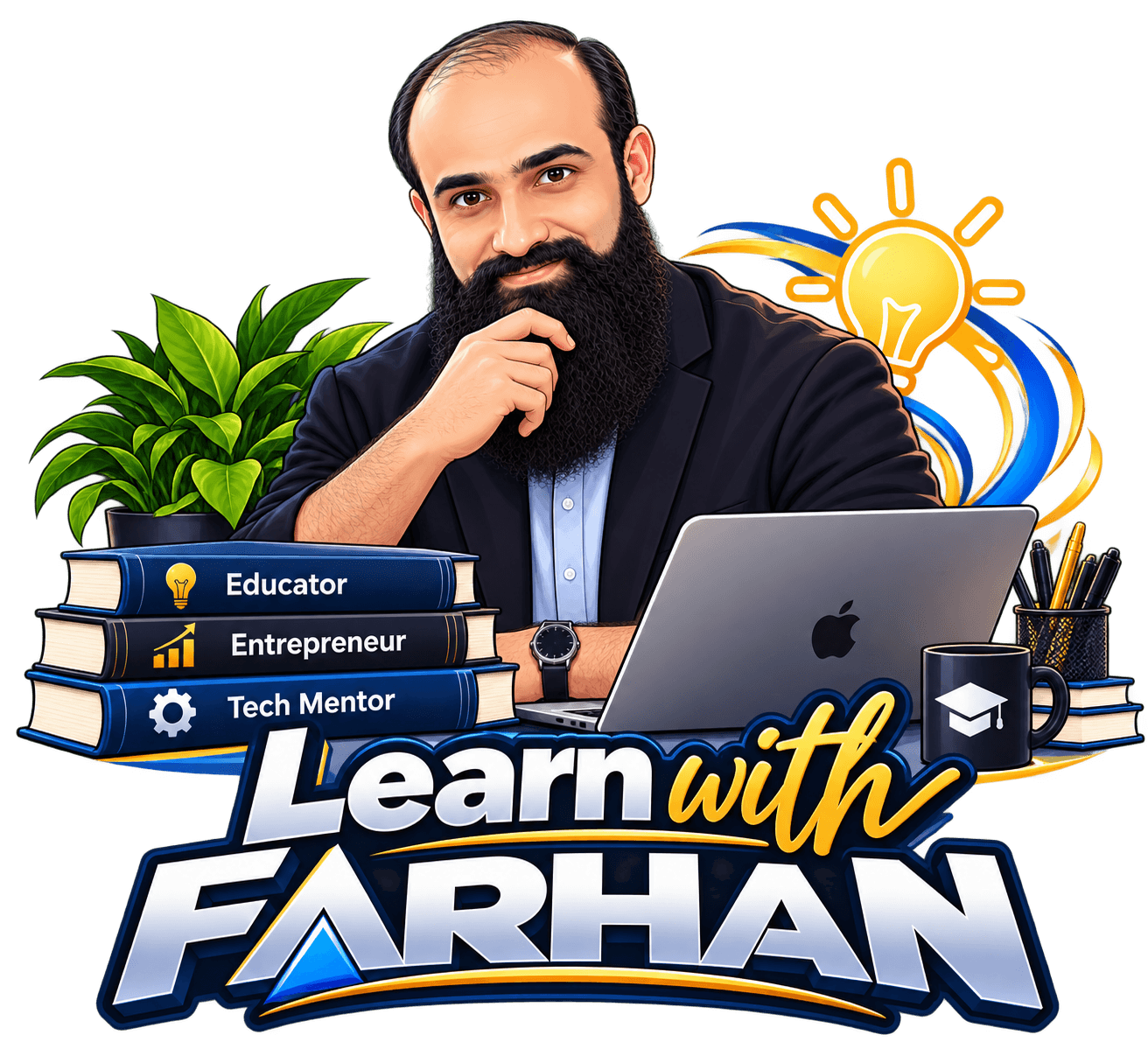 Illustrated portrait of Farhan Ghafoor with the Learn with Farhan wordmark